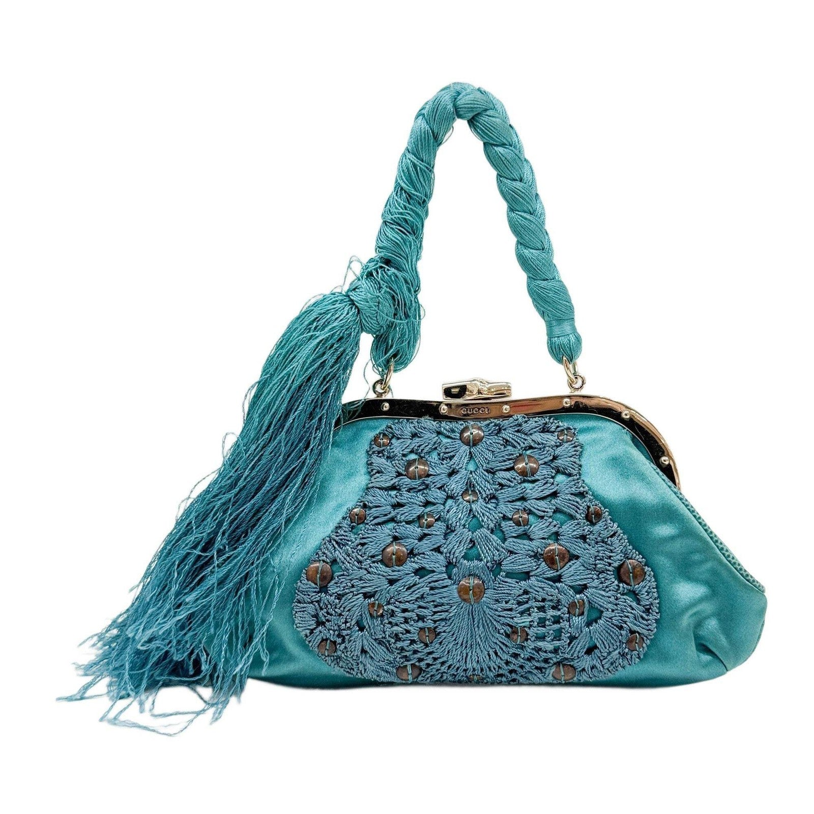GUCCI Embroidered Teal Satin Hand Bag