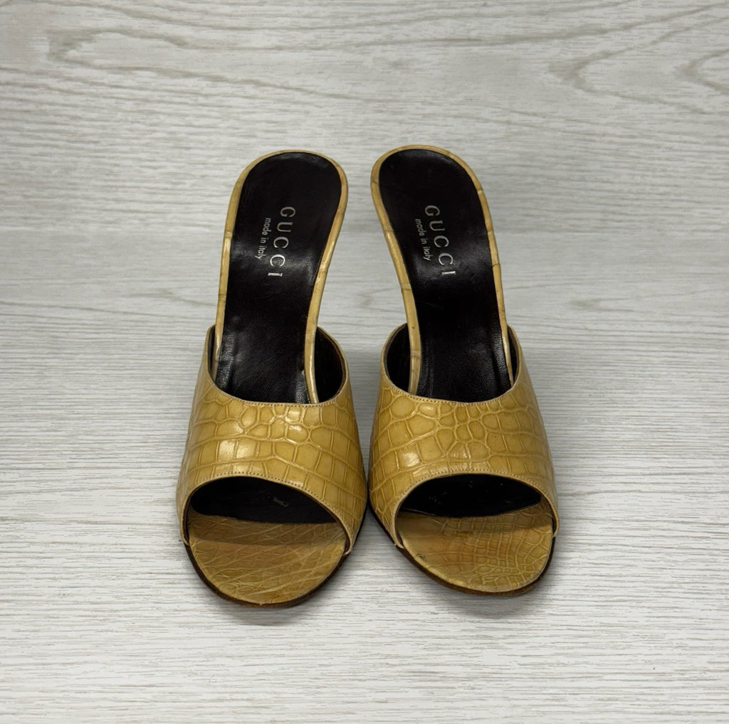 GUCCI Tan Croc leather Stiletto Mules Heels Sz 8.5