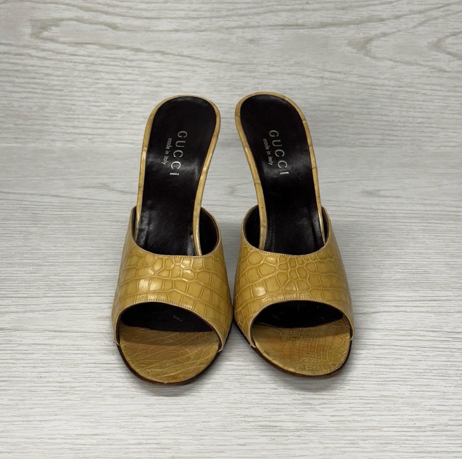 GUCCI Tan Croc leather Stiletto Mules Heels Sz 8.5