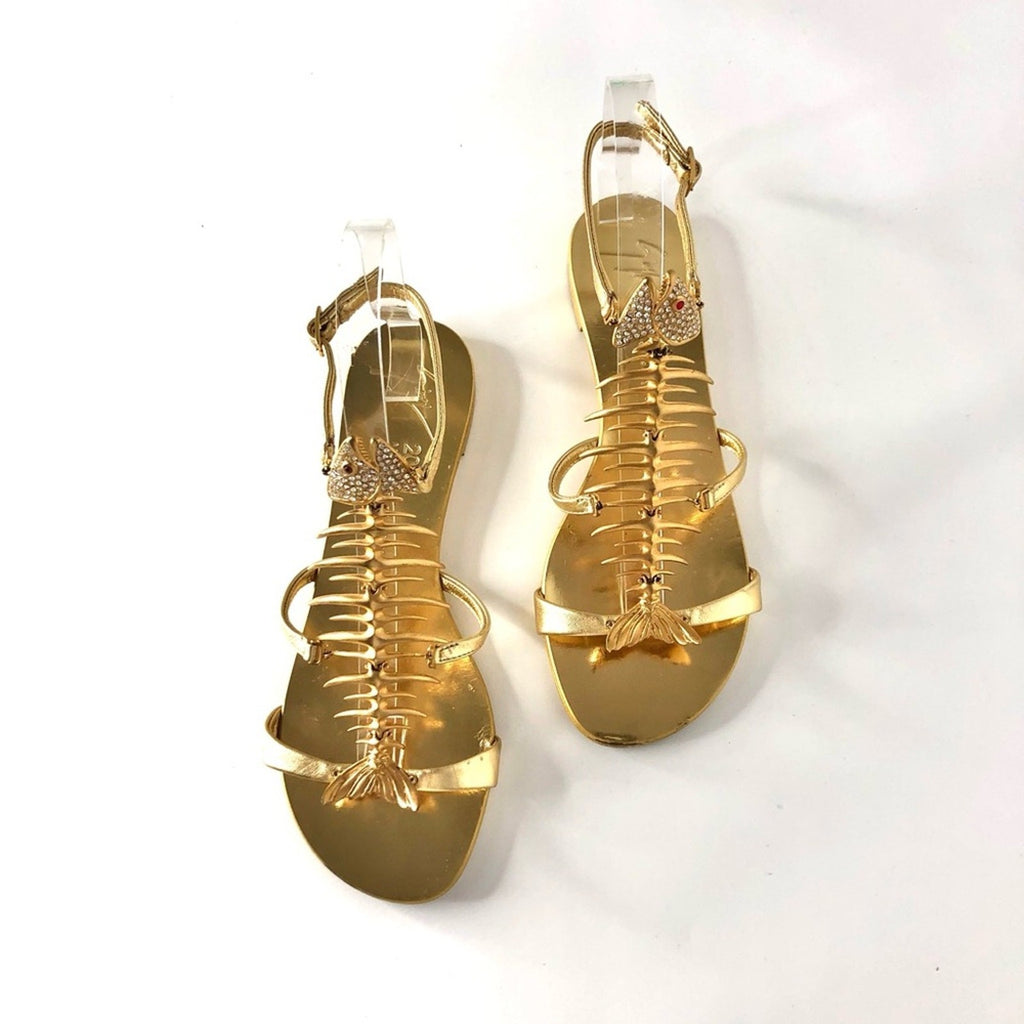 Giuseppe Zanotti Fishbone Gold Piranha Crystal Embellished Flat Sandals 37