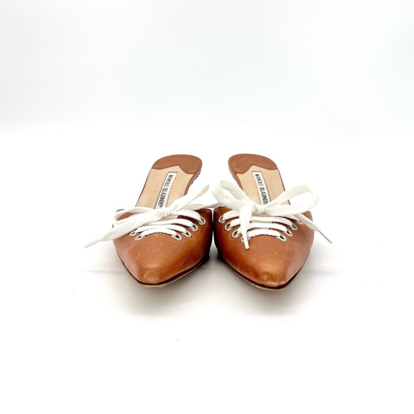 Vintage Manolo Blahnik Bow Laceup Brown Leather Pointed Toe Heeled Mules 37.5