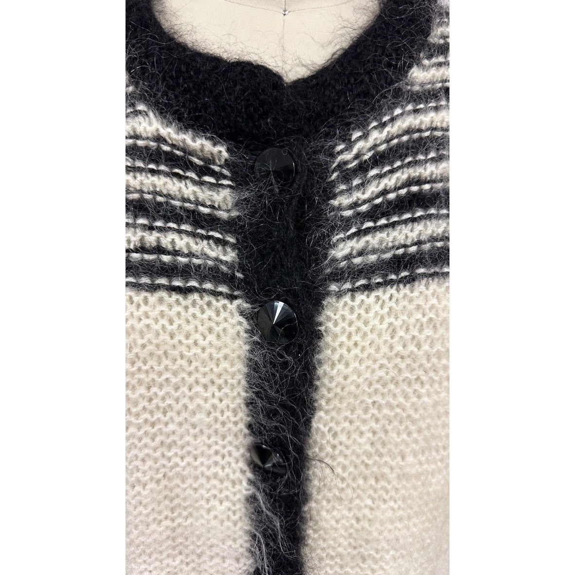VTG 80s Nannell Mohair Sweater Coat Cream Black Striped Yoke Mod Articore M