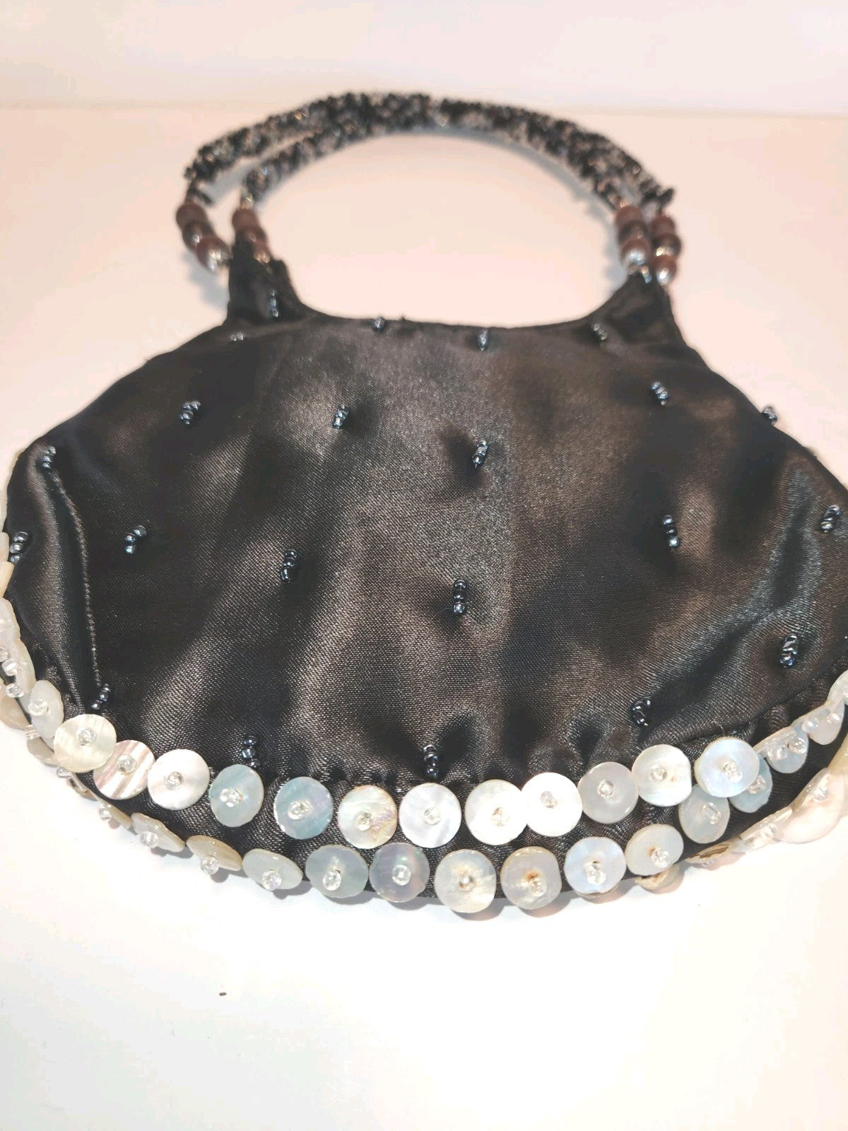 Vintage Black Satin Handbag With mother-of-pearl Shell Fringe & Beads Small 6X7"