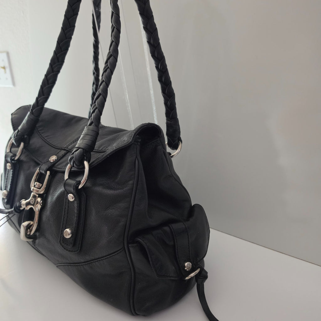 Francesco Biasia Large Black Leather Braided Shoulder Bag
