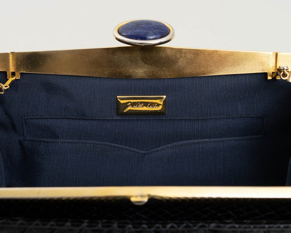 Vintage Judith Leiber Black Snakeskin Clutch Handbag Purse w. Lapis Lazuli Clasp