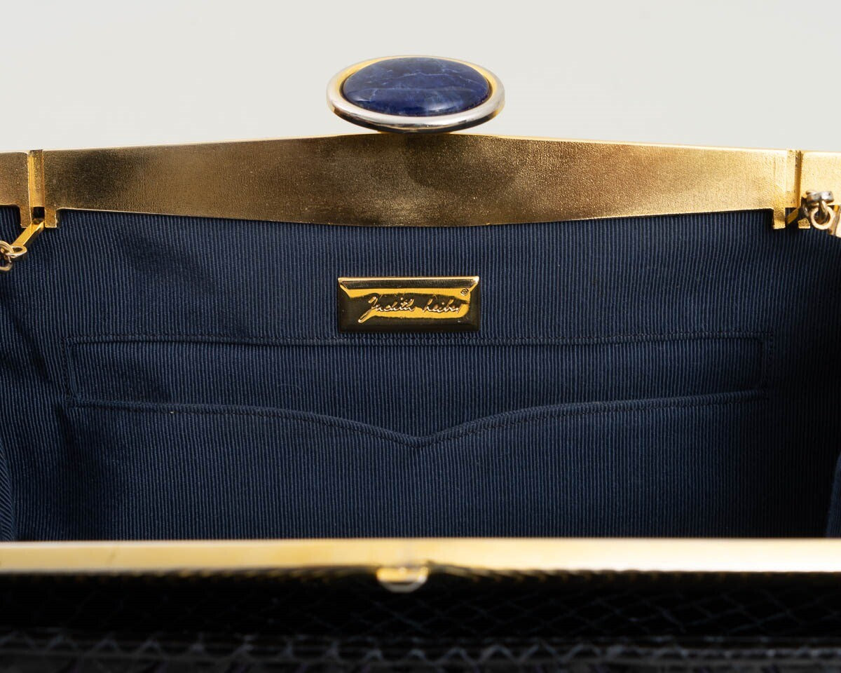 Vintage Judith Leiber Black Snakeskin Clutch Handbag Purse w. Lapis Lazuli Clasp