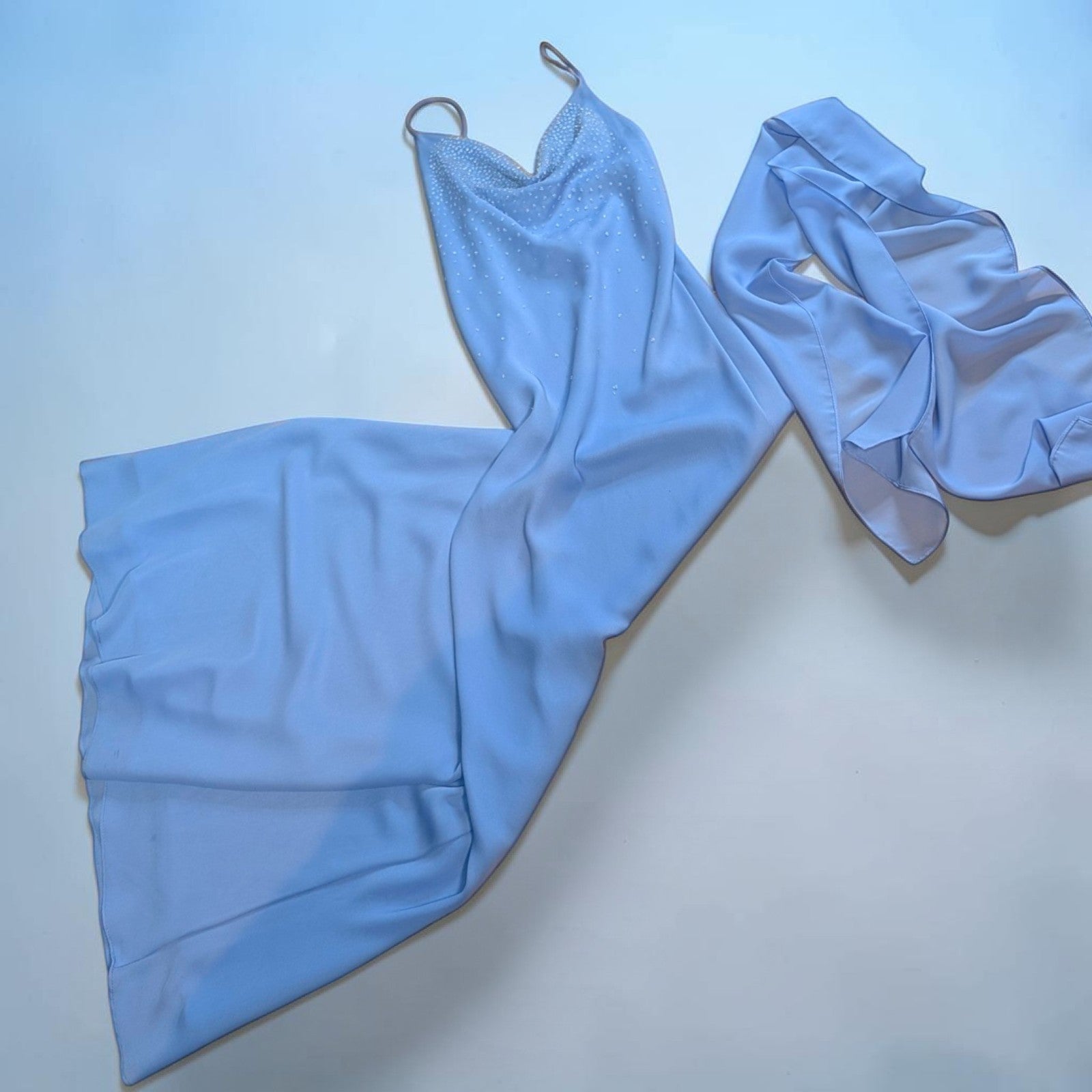 90s Y2K Light Cornflower Blue Glass Beaded Bias Cut Slip Dress Size Medium