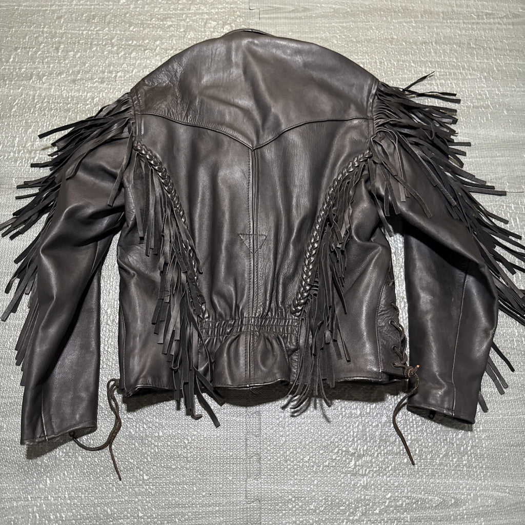 Vintage Route 66 Jacket Leather Fringe Front Zip Black Womens 12 Biker Rodeo