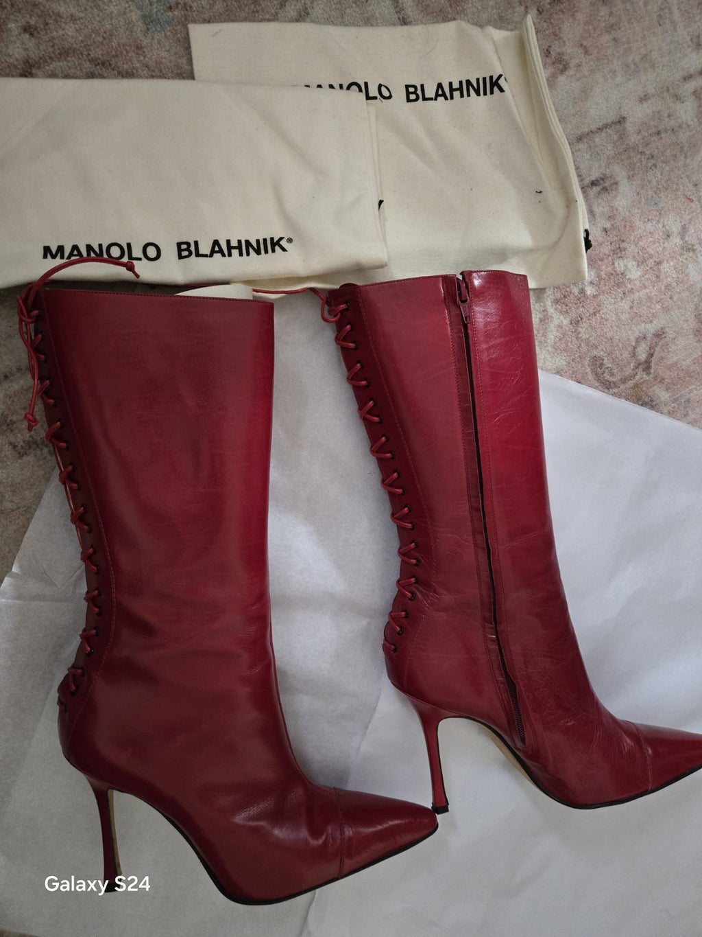 Red Leather MANOLO BLAHNIK LACE UP BOOTS SIZE 39 Perfect Condition