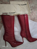 Red Leather MANOLO BLAHNIK LACE UP BOOTS SIZE 39 Perfect Condition