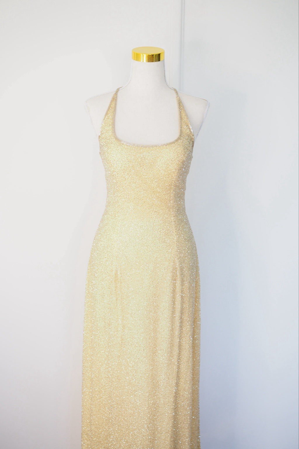 Vintage 90s Gold Beaded Sequin Silk Halter Gown Size S