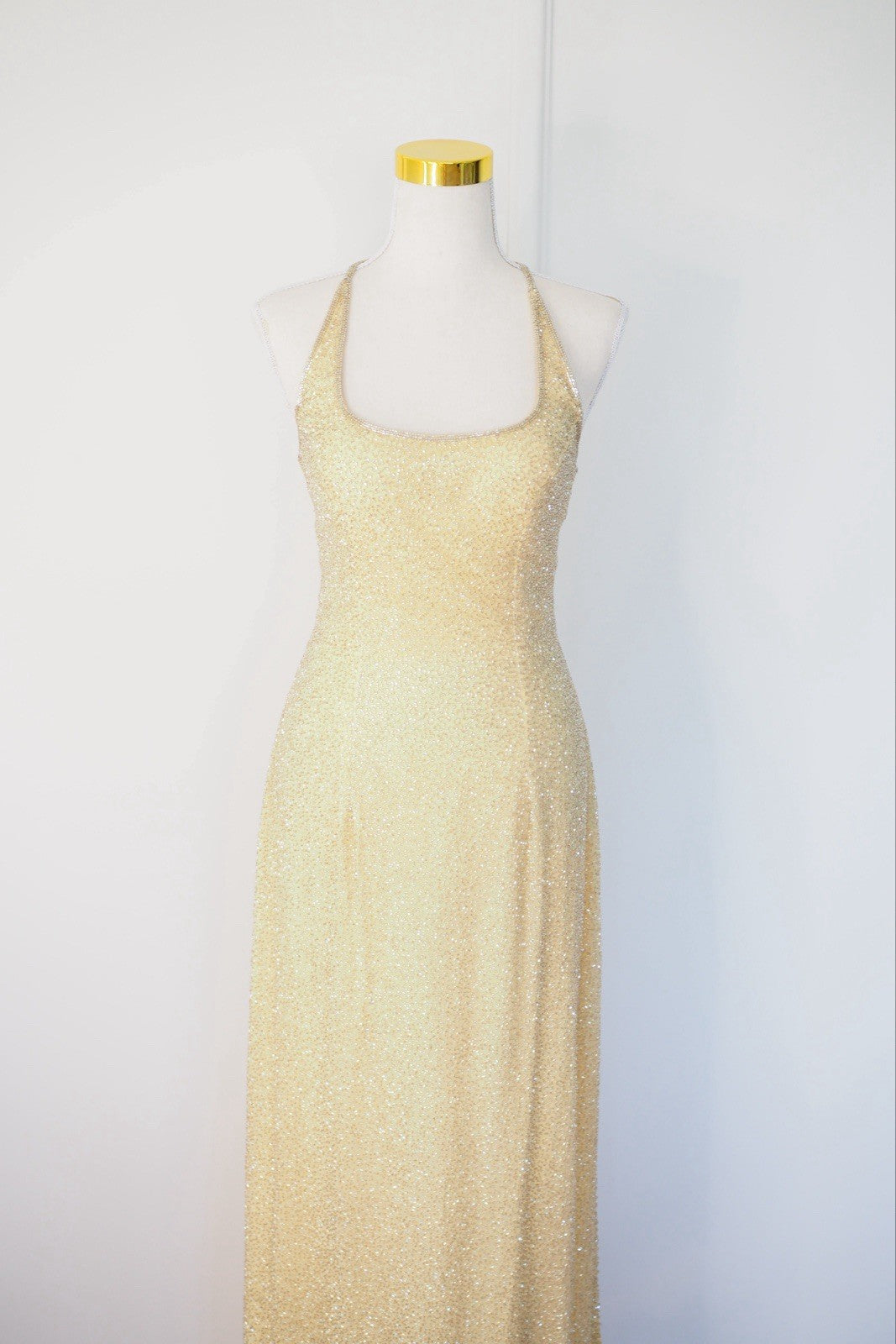Vintage 90s Gold Beaded Sequin Silk Halter Gown Size S