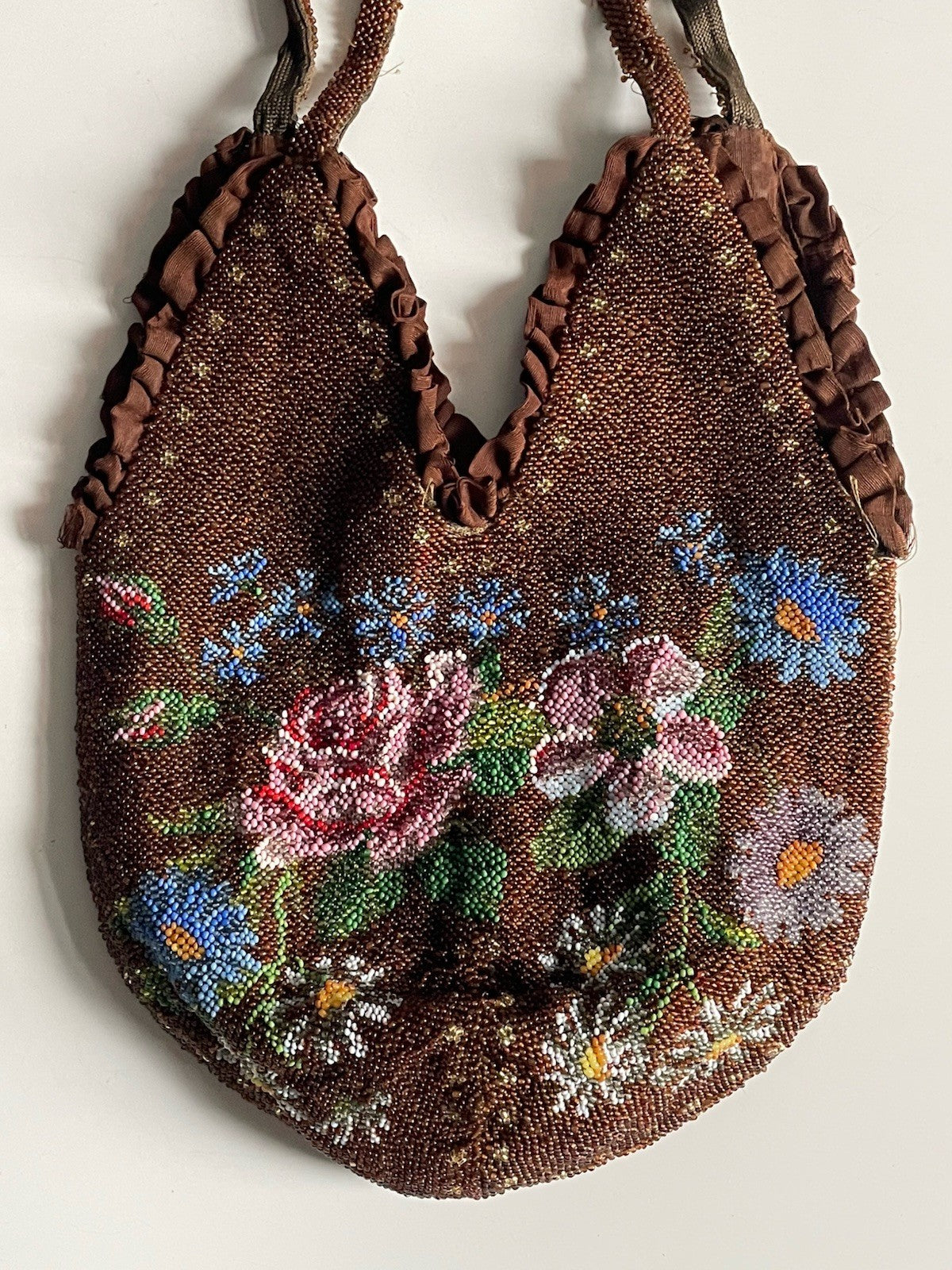 Antique Glass Seed Beaded Silk Lined Pouch Purse Floral Brown