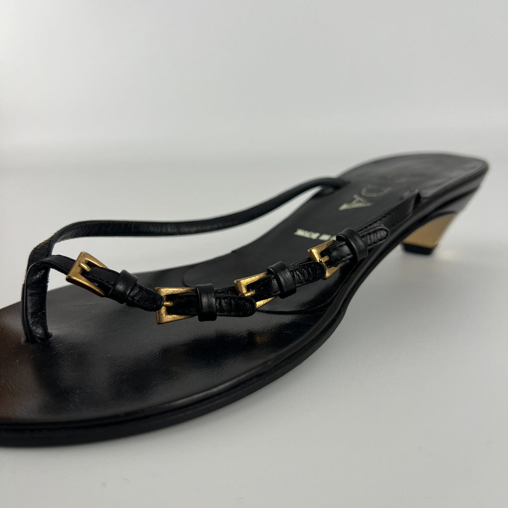 Prada | Auth Vintage Black Leather Gold Buckle Thong Kitten Heels (34.5)