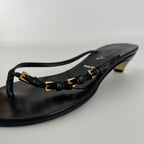 Prada | Auth Vintage Black Leather Gold Buckle Thong Kitten Heels (34.5)