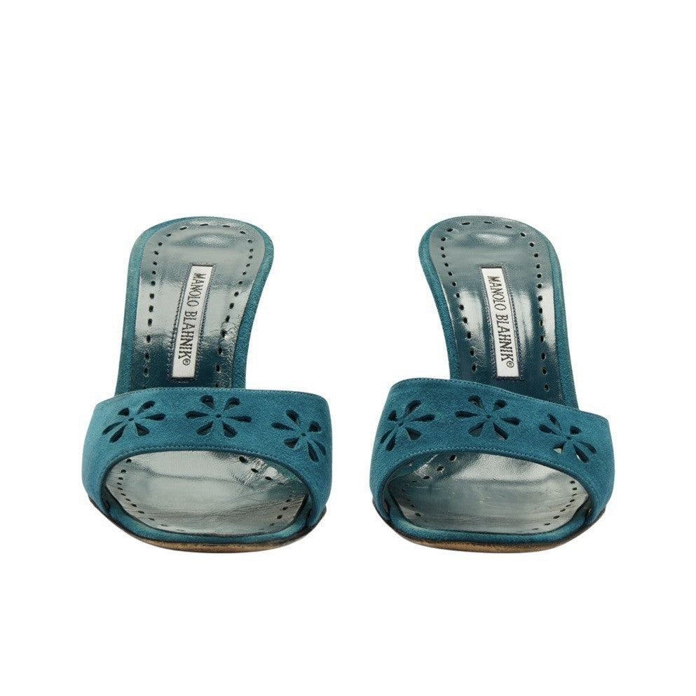 Manolo Blahnik Blue Floral Eyelet Laser Cut Suede Heels