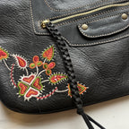 Francesco Biasia Black Leather Embroidered Handbag Shoulder Hobo Boho