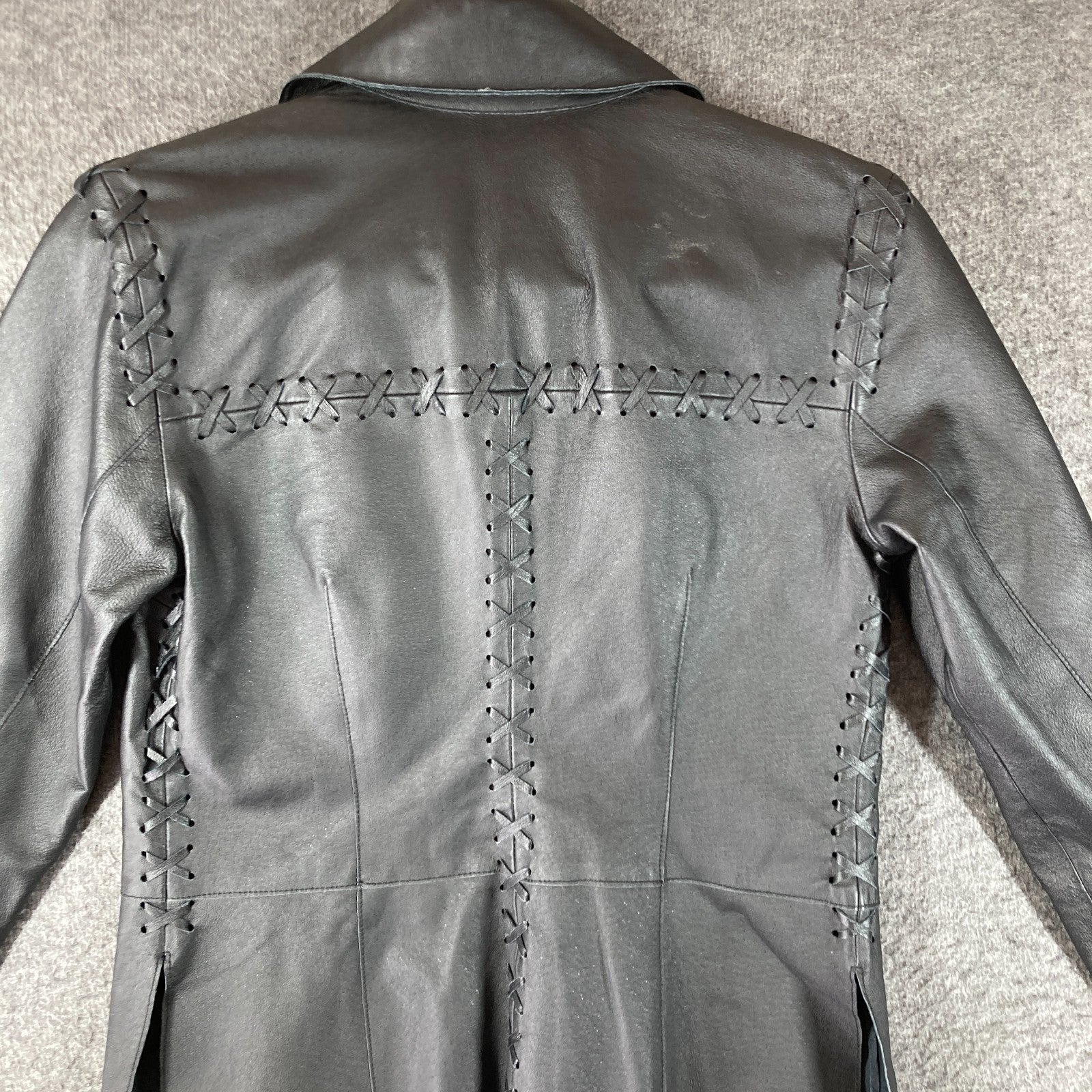 Vintage Newport News Leather Biker Shirt Womens 4 Black Lace Up Detail Snap