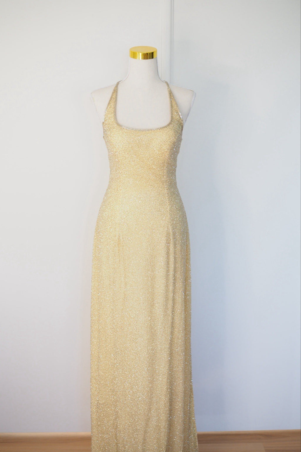 Vintage 90s Gold Beaded Sequin Silk Halter Gown Size S