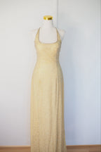 Vintage 90s Gold Beaded Sequin Silk Halter Gown Size S
