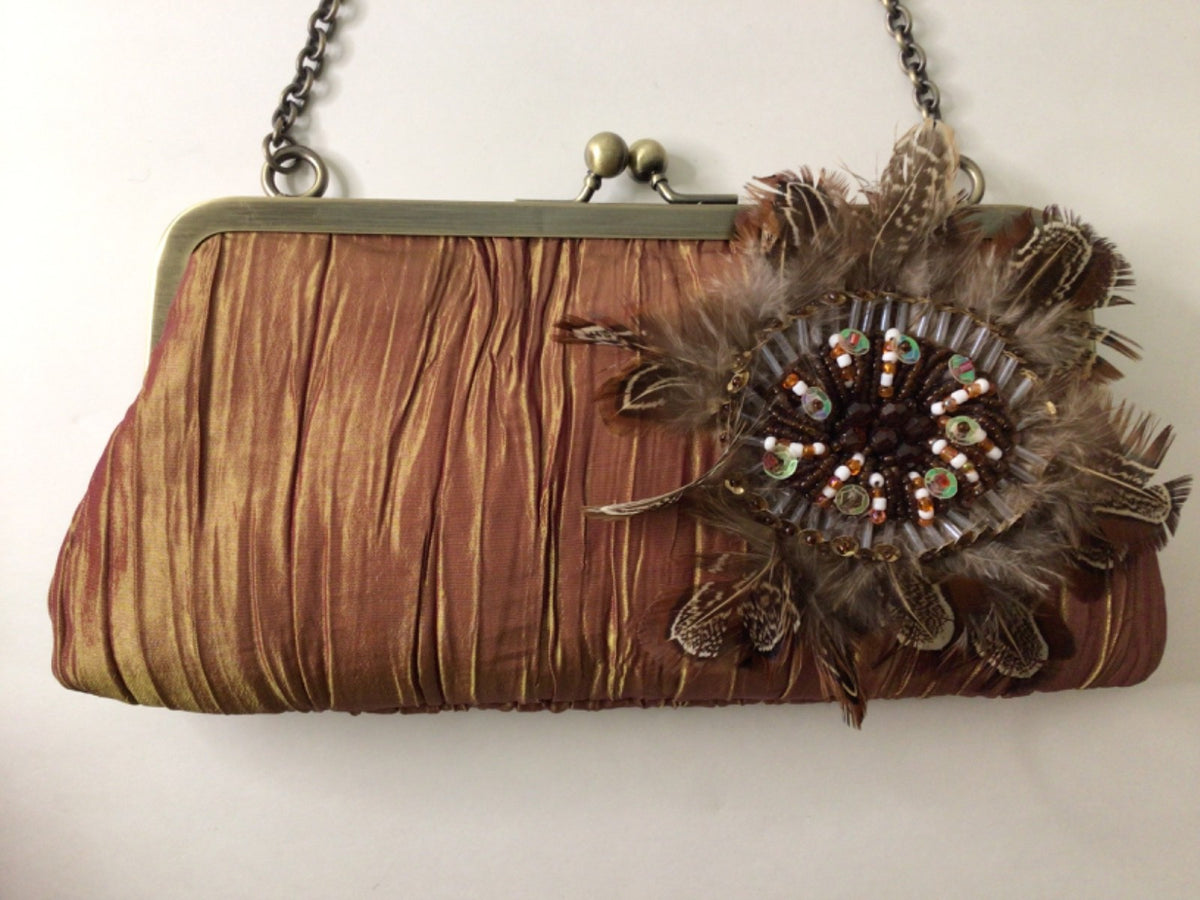 Satin Pleated Evening Clutch with Feather Beading in Bronze