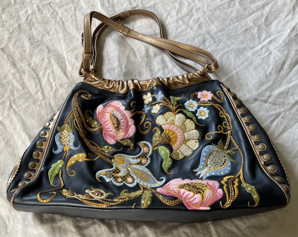 Isabella Fiore Black and Gold Floral Embroidered Leather Shoulder Bag