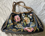 Isabella Fiore Black and Gold Floral Embroidered Leather Shoulder Bag