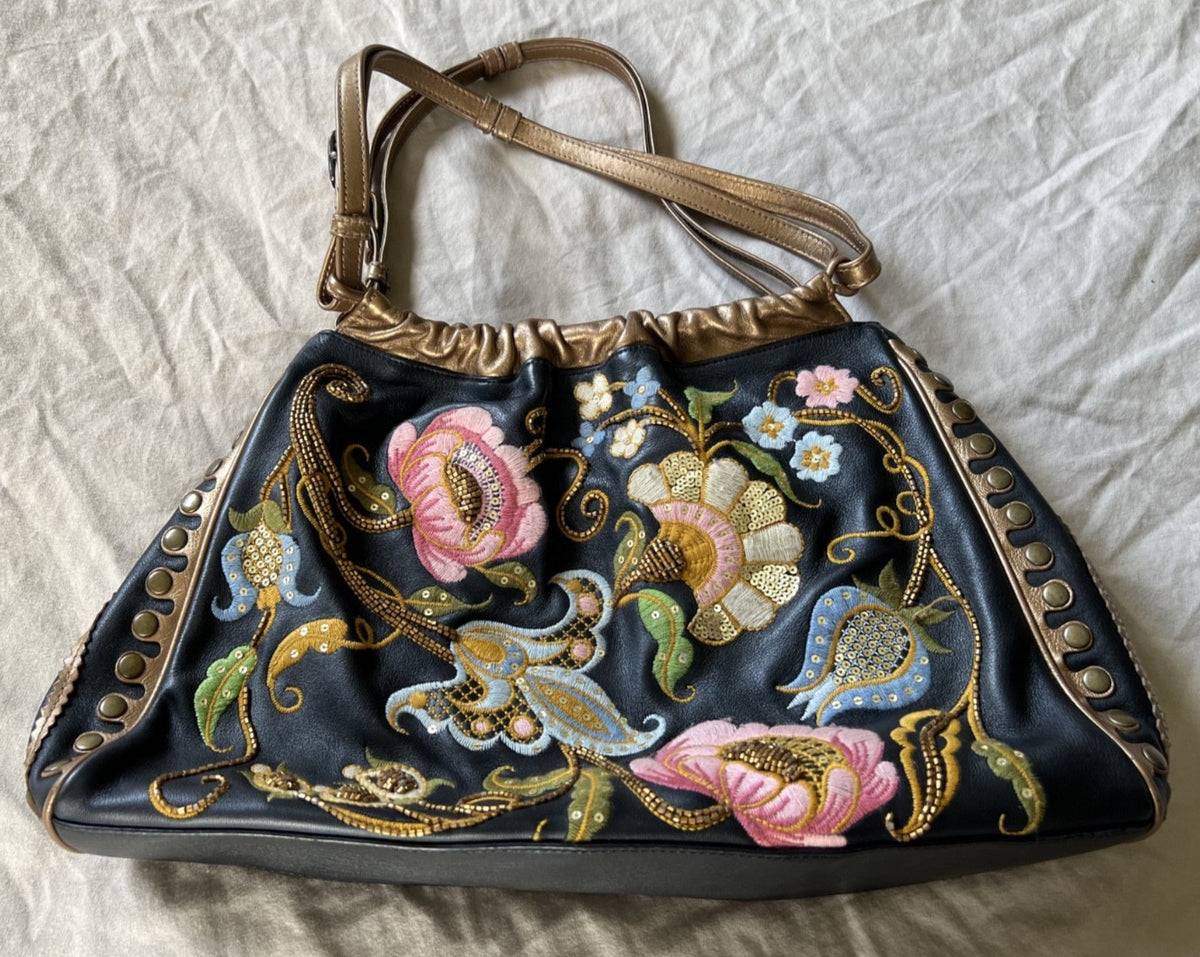 Isabella Fiore Black and Gold Floral Embroidered Leather Shoulder Bag
