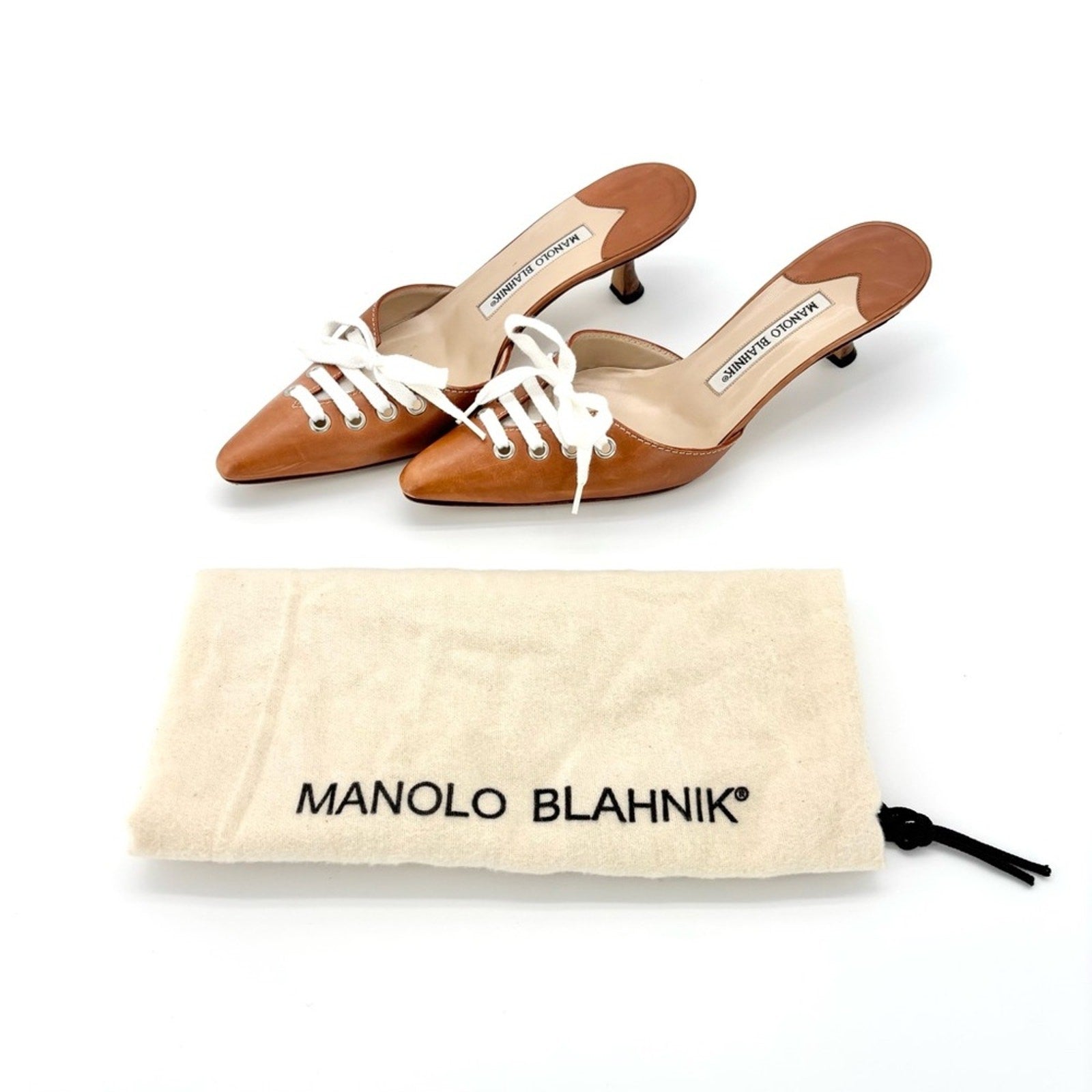 Vintage Manolo Blahnik Bow Laceup Brown Leather Pointed Toe Heeled Mules 37.5