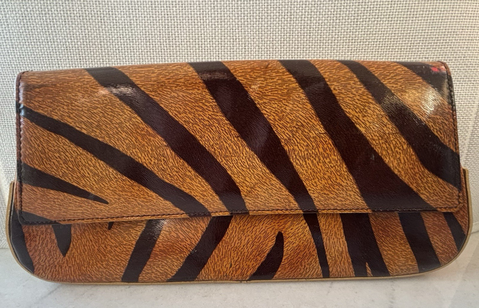 Vintage Francesco Biasia Tiger Stripe Leather Clutch Bag Italy Magnetic Snap