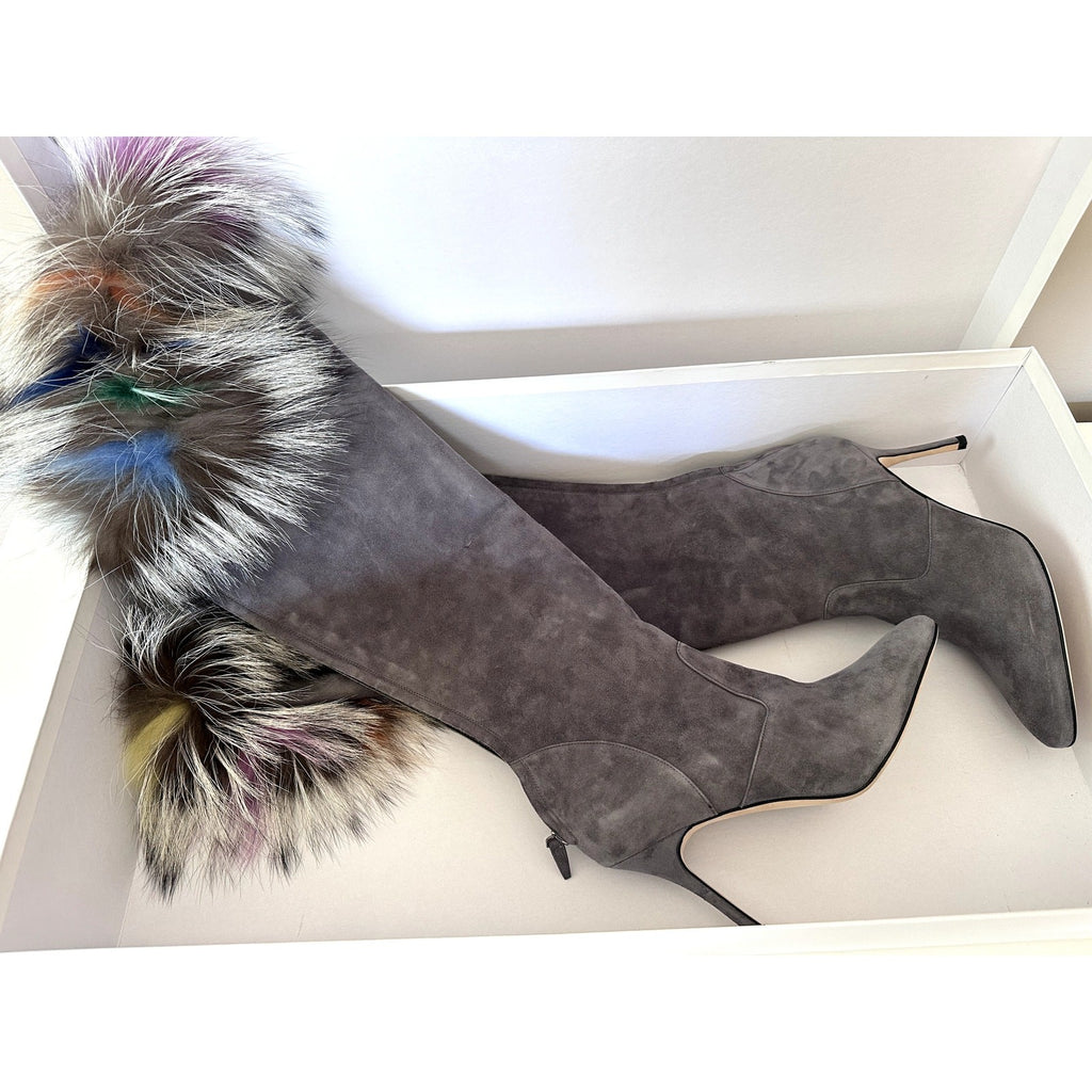 $1995 Manolo Blahnik Likanskim Boots Fur Suede Tall Womens Shoes Gray Size 37.5