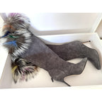 $1995 Manolo Blahnik Likanskim Boots Fur Suede Tall Womens Shoes Gray Size 37.5