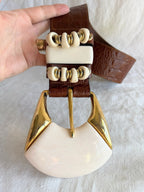 Chunky brass & bead embossed leather belt vintage