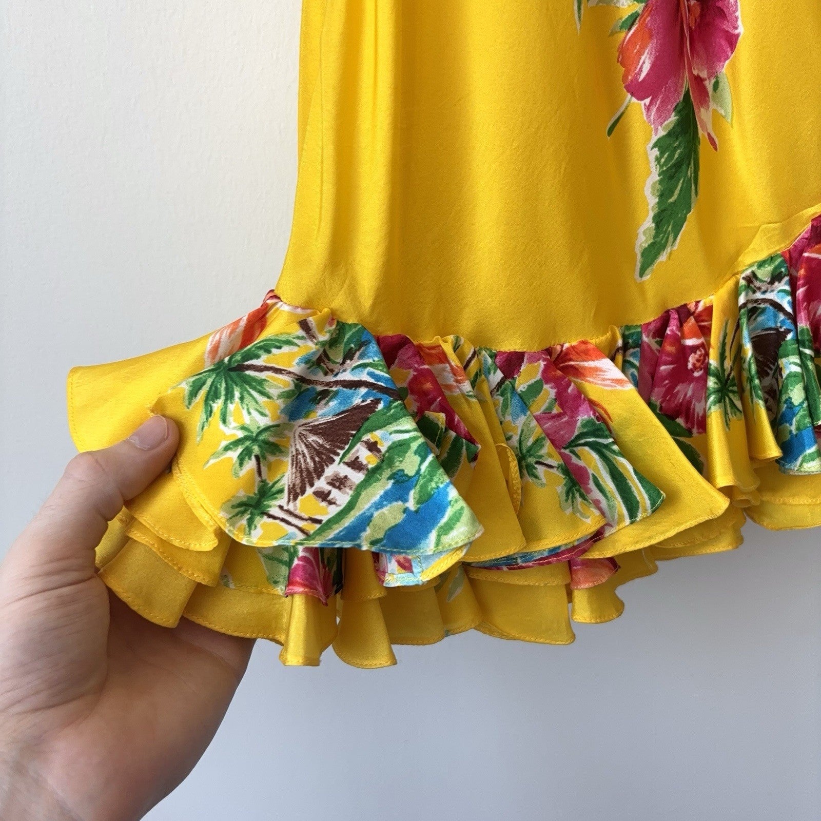 Ralph Lauren Vintage Silk Ruffle Yellow Floral Halter Mini Dress Size 4