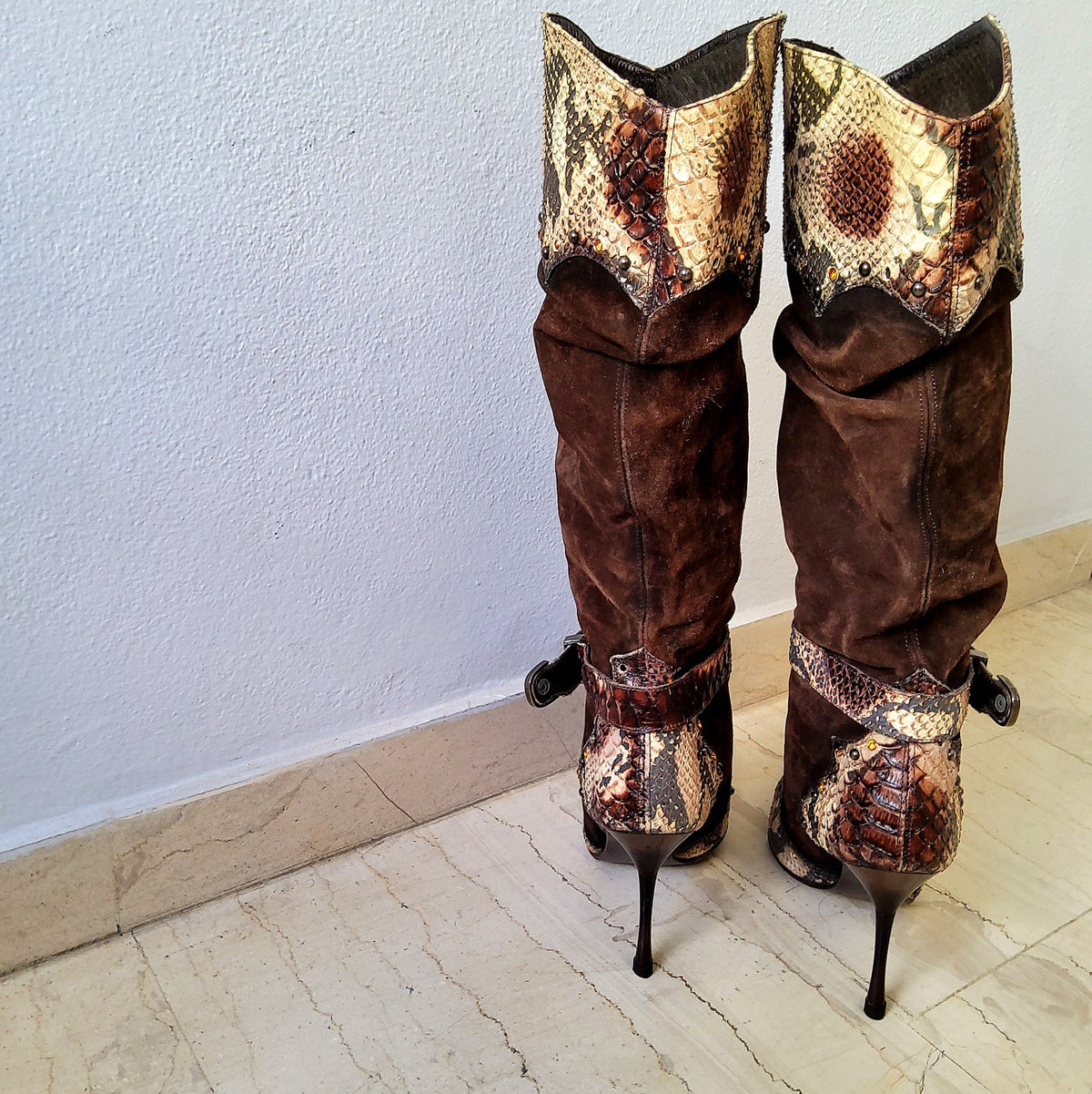 El Dantes Y2K Embellished Belted Slouchy Suede Snakeskin Pointy Shoe