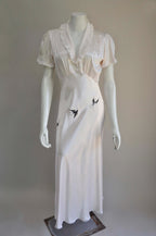 Vintage 1930s Light Pink Satin Bias Cut Slip Dress with Bird Embroidery Small Medium