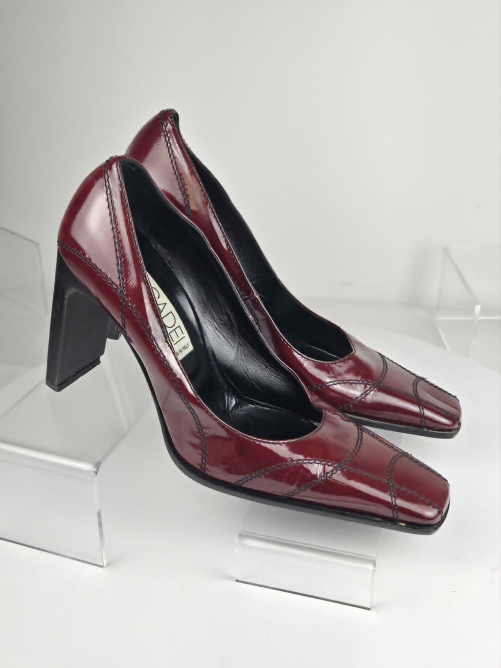 Vintage Casadei Red Patent Leather Block Heel Square Toe Pumps - Size 9