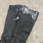 Authentic Vintage Y2K Le Silla Beaded Denim Pointed Toe Stiletto Boots