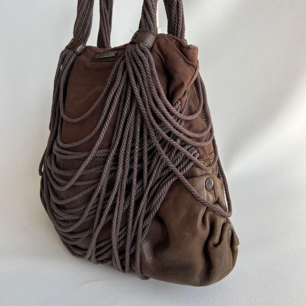 Diesel 2000s Brown Leather Shoulder Bag with Fringe Large