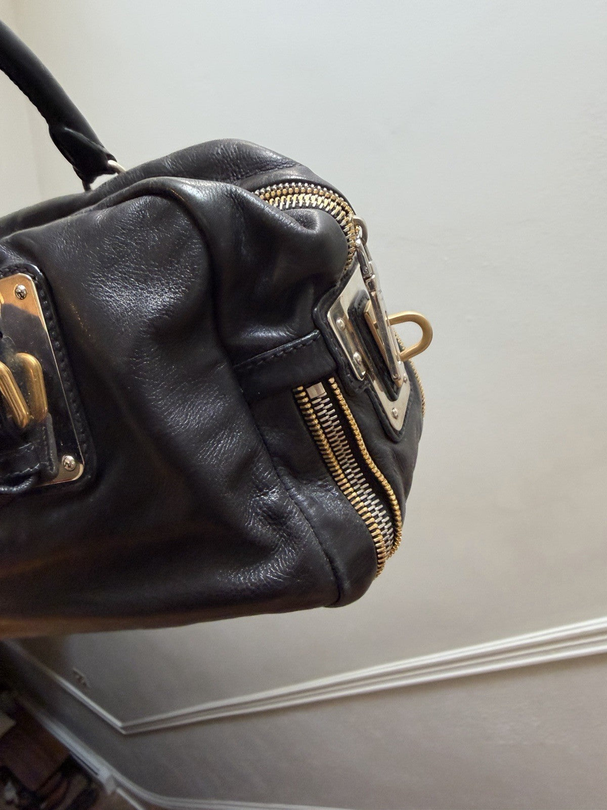 Prada Black Top Handle Bag with Gold Hardware