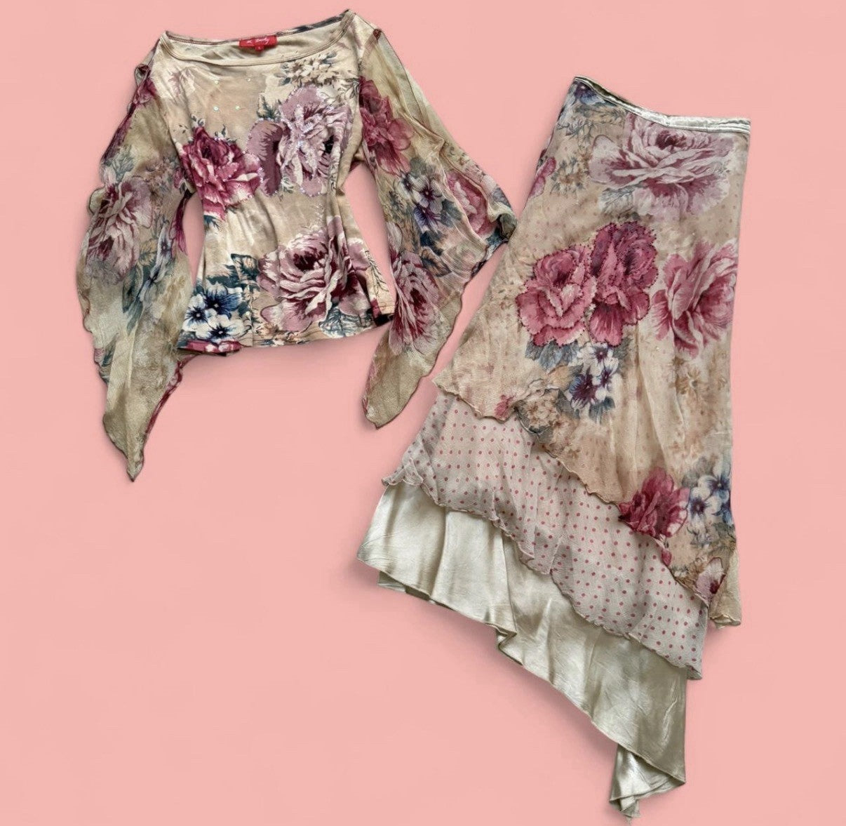 Rene Derhy Beige Floral Embellished Top and Skirt Set Large