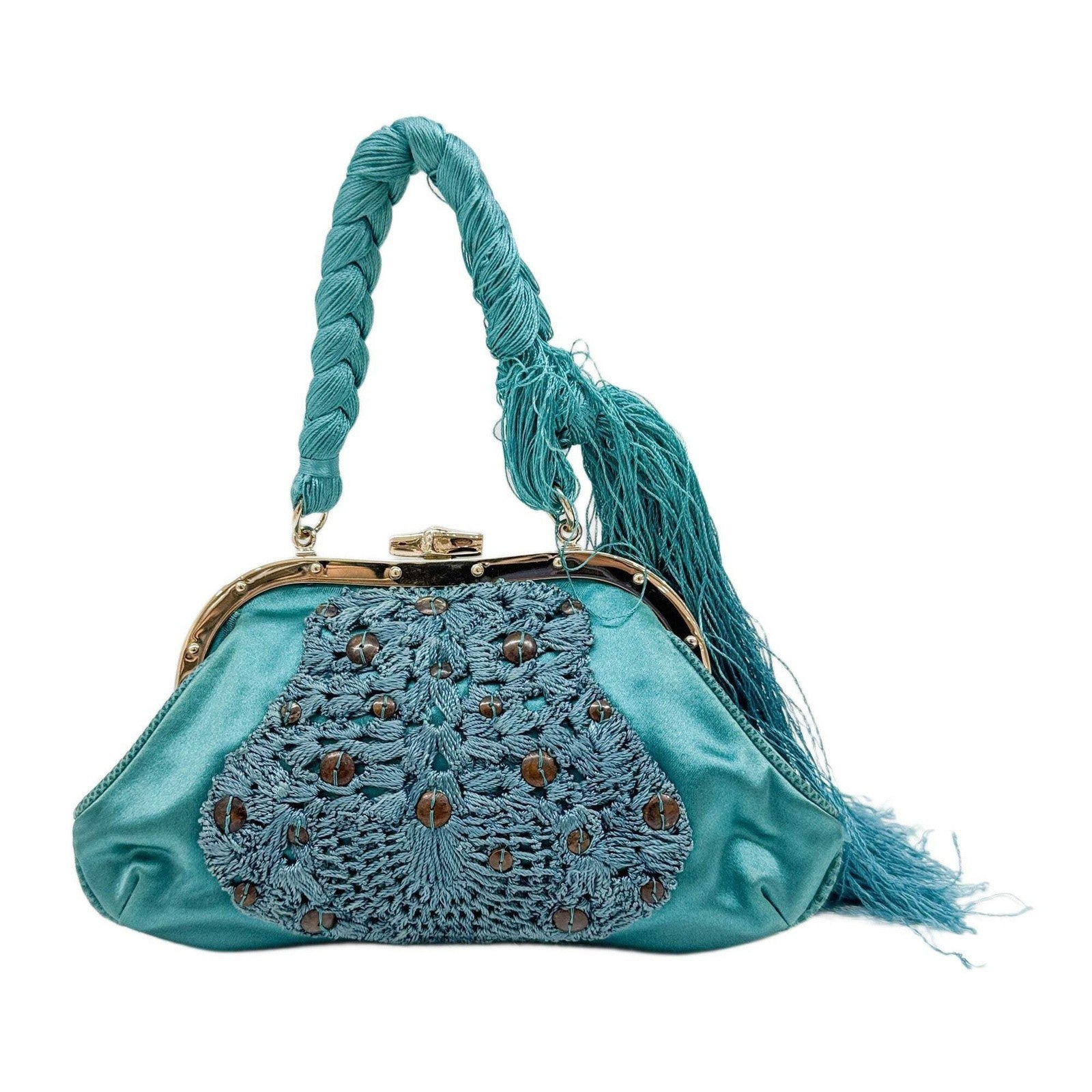 GUCCI Embroidered Teal Satin Hand Bag