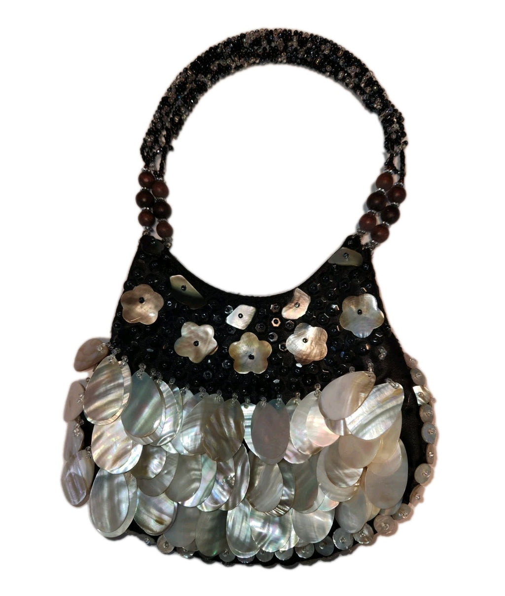 Vintage Black Satin Handbag With mother-of-pearl Shell Fringe & Beads Small 6X7"