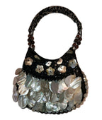 Vintage Black Satin Handbag With mother-of-pearl Shell Fringe & Beads Small 6X7"