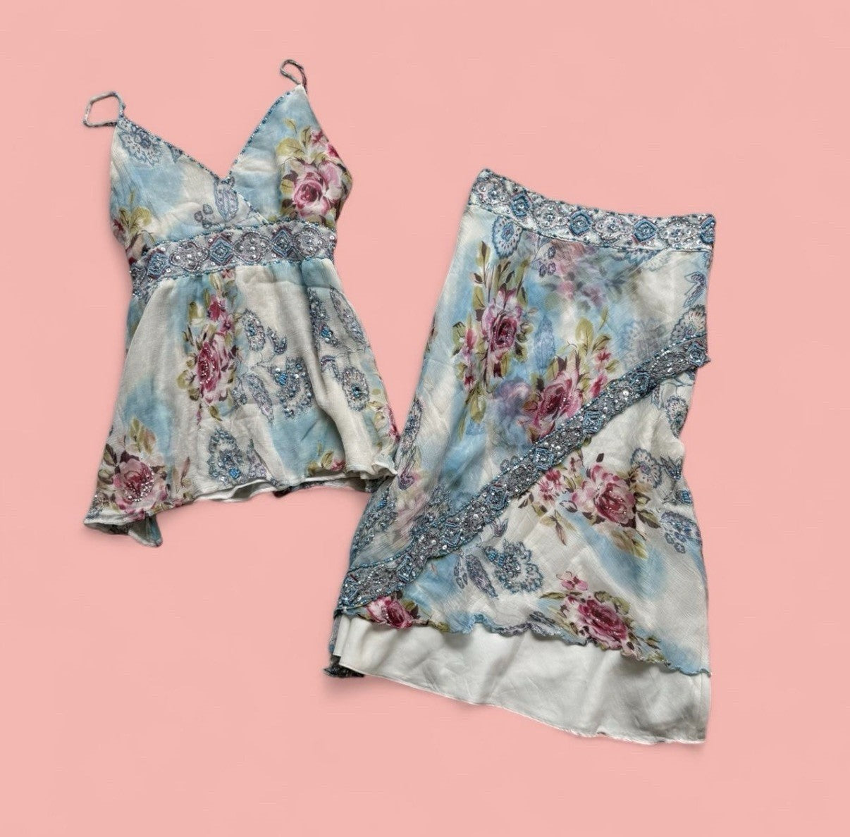 René Derhy Blue Floral Embellished Top and Skirt Set