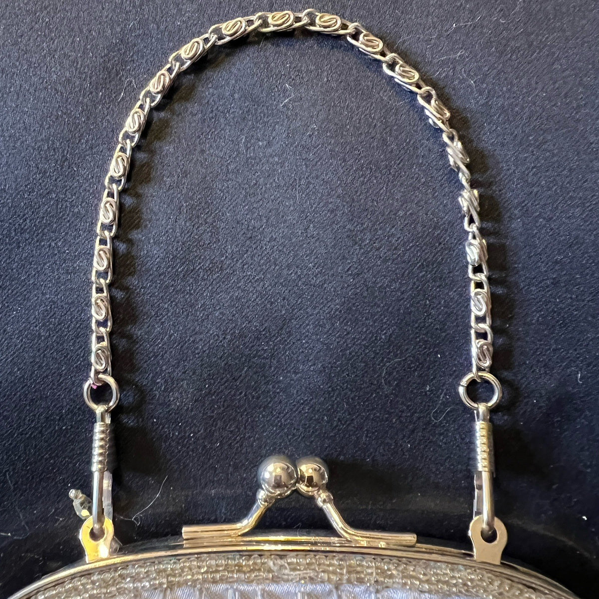 Vintage Silver Beaded Shoulder Bag Chain Strap Kiss Lock Evening Purse Clutch
