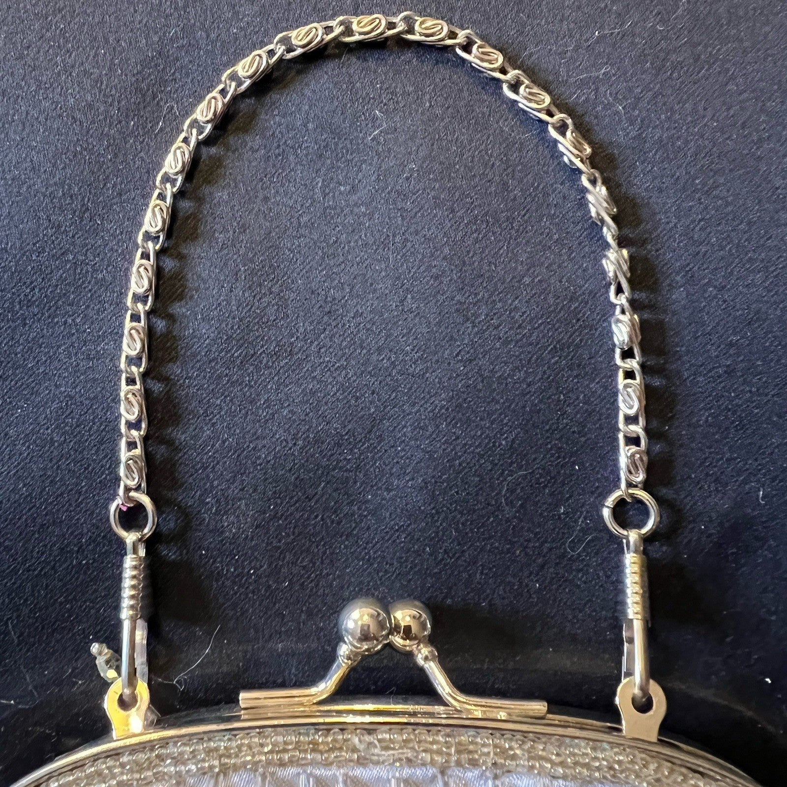 Vintage Silver Beaded Shoulder Bag Chain Strap Kiss Lock Evening Purse Clutch