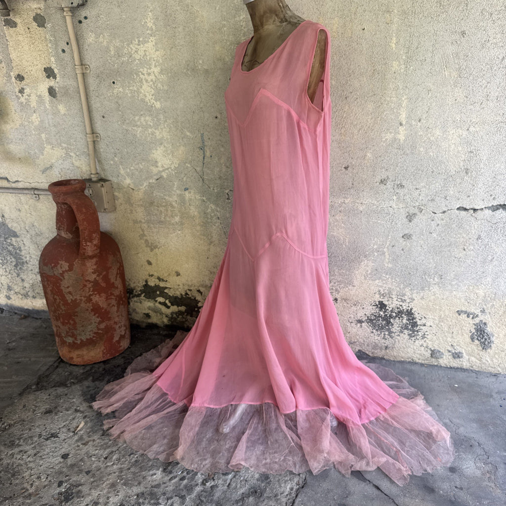 Vintage Late 1920s Early 1930s Bubblegum Pink Silk Chiffon Dress Sheer Ruffle