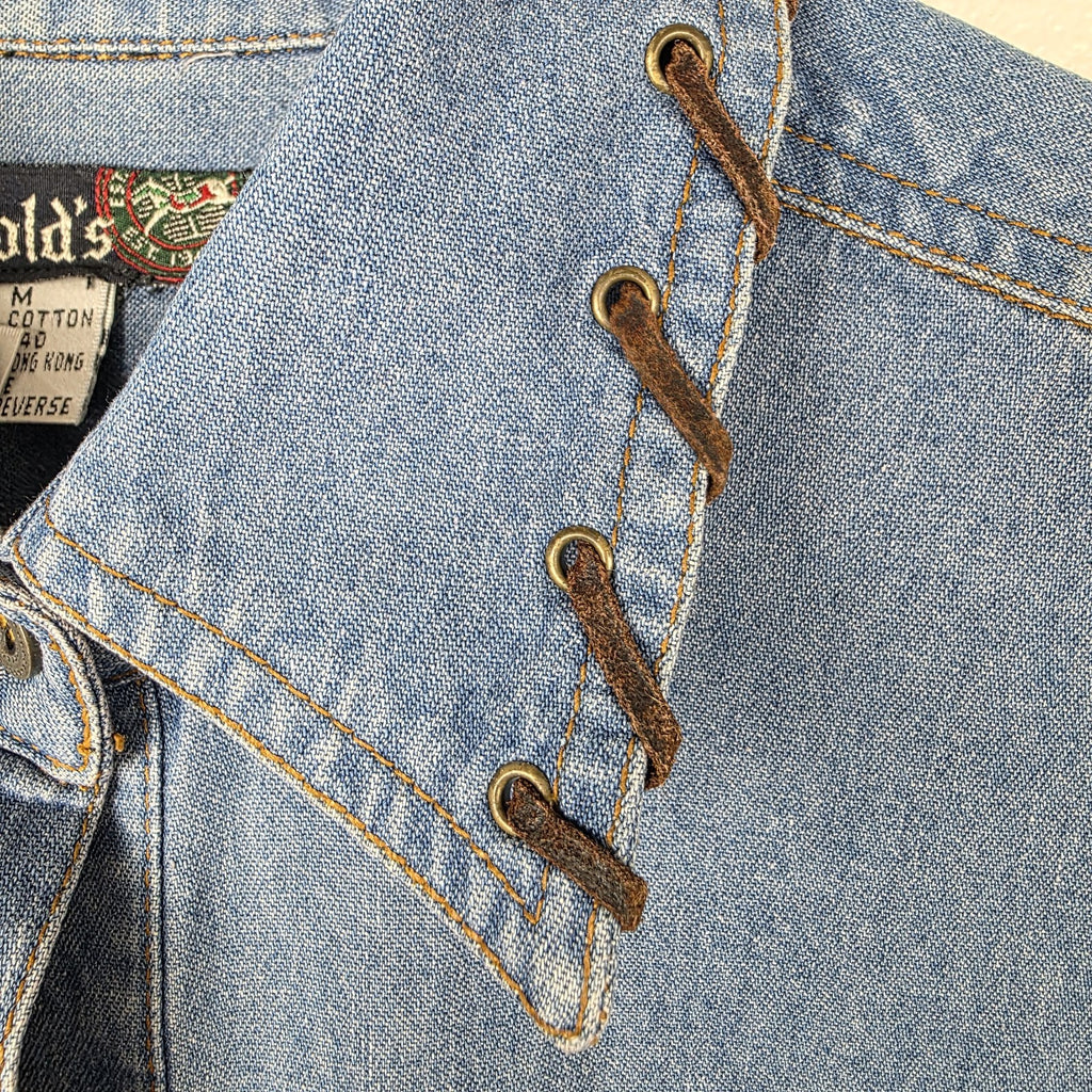 VTG Womens Denim Shirt Western Leather Lace Up Collar Pockets Long Sleeve M