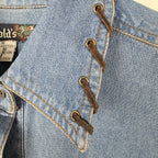 VTG Womens Denim Shirt Western Leather Lace Up Collar Pockets Long Sleeve M